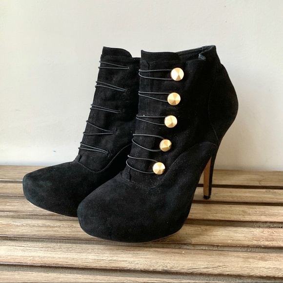 Vince Camuto Black Dolly Suede Booties Gold Button - Picture 7 of 7